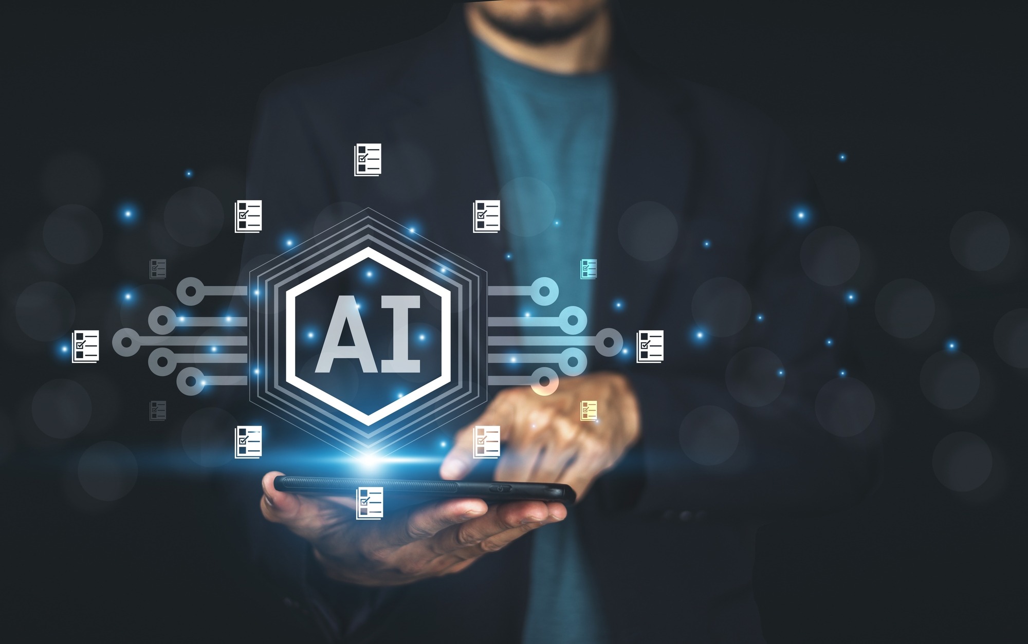 A businessman uses an AI assistant for document management,